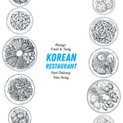 Korean food top view illustration. Hand drawn sketch. Korean street food, take away menu design. Vector illustration.