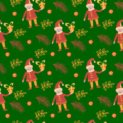 Seamless pattern. Cheerful gnome with a gift. Spruce twigs, mistletoe and berries. Vector. Flat. Gnomes, gifts. Christmas. Suitable for festive paper, fabric and wallpaper.