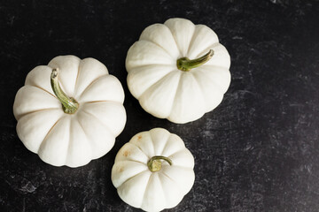 White Pumpkins on Dark Background, Thanksgiving Decor, Elegant Fall Decor, Top View