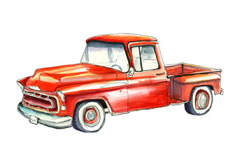 Vintage watercolor red truck, hand draw llustration of old retro car on a white background