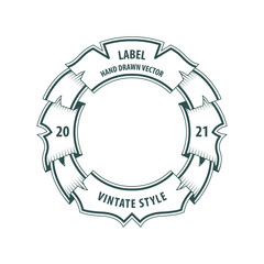 Hand drawn vintage label. Engraving style retro ribbon. Sketch drawing badge. Vector illustration. Part of set.