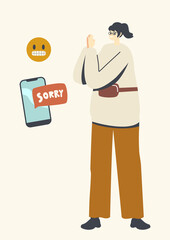 Forgiveness, Human Relations Concept. Female Character Apologize Send Sorry Sms by Smartphone Begging to Forgive