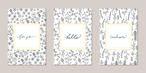Set of botanical post card template design, leaves line art ink drawing    手書きの草木ポストカードデザイン