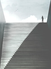 illustration of man rising minimal abstract stairs of shadow, surreal concept