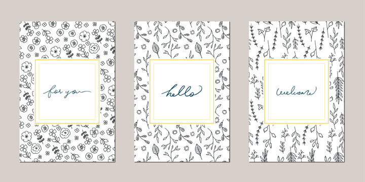 Set Of Botanical Post Card Template Design Leaves Line Art Ink Drawing 手書き の草木ポストカードデザイン Stock Vector Adobe Stock