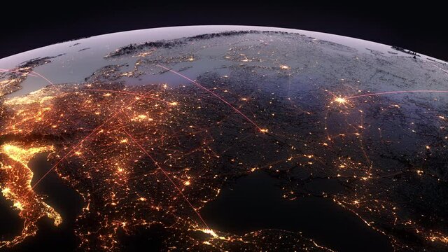 Global Background/Connection lines Around Earth Globe, Lines on the background of the earth's surface - information movement, aviation flights, ground transport movement, logistics services