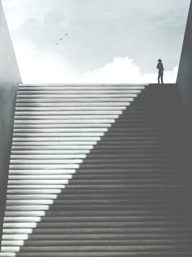 Fototapeta illustration of man rising minimal abstract stairs of shadow, surreal concept