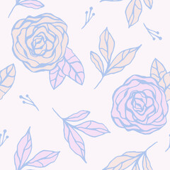 Pastel seamless pattern of rose flowers and leaves.