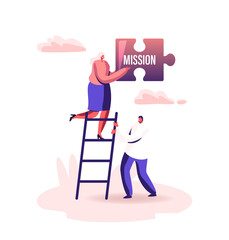Core Values Concept. Tiny Male Female Businesspeople Characters Stand on Ladder Holding Huge Puzzle Piece Mission