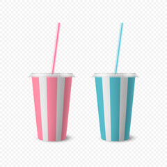 Vector 3d Realistic Striped White Paper Disposable Cup Set with Lid, Straw for Beverage, Drinks Isolated. Coffee, Soda, Tea, Cocktail, Milkshake. Design Template of Packaging for Mockup. Front View
