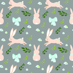 Seamless pattern. Cheerful jumping rabbits, bow, flowers and branches. Vector. Cartoon. Doodle. Rabbits in tree branches. Easter. Valentine's Day. Suitable for festive paper, fabric and wallpaper.
