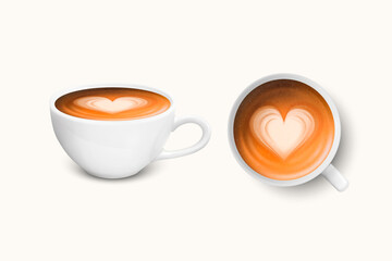 Vector 3d Realistic White Porcelain Ceramic Mug. Milk Coffee, Foam, Heart Pattern Set Isolated on White. Capuccino, Latte. Stock Vector Illustration. Design Template, Mockup. Front, Top View