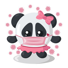 Funny cute kawaii panda girl with round body and protective medical face mask surroundet by viruses in flat design with shadows. Isolated vector illustration	