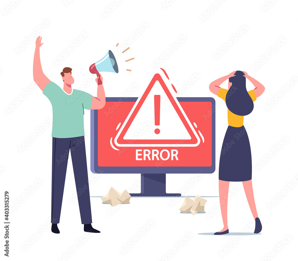 Poster system work error, 404 maintenance page not found, site under construction concept with tiny charact