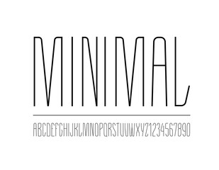 High black font, condensed tall ultra thin modern alphabet, trendy uppercase Latin letters from A to Z and Arab numbers from 0 to 9 for you designs, vector illustration 10EPS