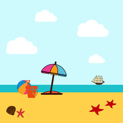 Fototapeta na wymiar Modern styled beach scene vector illustration with sunshade, beach ball, sand bucket, starfishes. Vector illustration for print, poster.