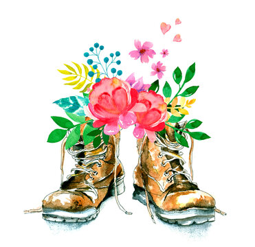 Watercolor travel boots decorated with flower. Hand draw illustration isolated on a white background