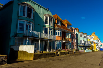 A view of brightly coloured building on the seafront at Aldeburgh, Suffolk