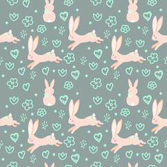 Seamless pattern. Cheerful jumping rabbits with flowers. Vector. Cartoon. Doodle. Rabbits with hearts and flowers. Easter. Valentine's Day. Suitable for festive paper, fabric and wallpaper.