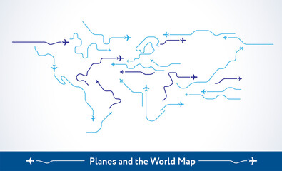 Abstract background - Airplanes fly over the world map - Planes routes shape the world air travel concept, line art vector illustration in modern minimal style