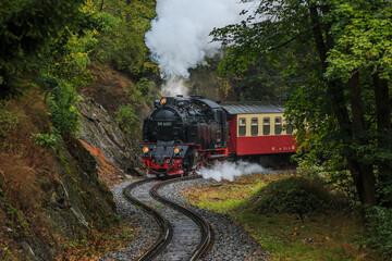 Historic train in the Harz Mountains. Narrow gauge railway in the mountains in rainy weather in...