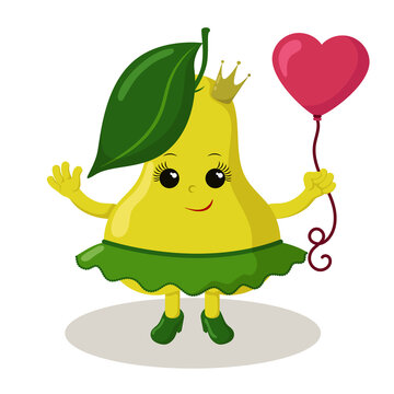 Cute smiling pear girl with crown, skirt and High heel shoes holding heart balloon. Colorful kawaii fruit emoticon. Isolated vector illustration in flat design.	
