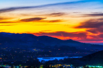 Sunrise, sunset from View of Lake, Hills, mountains
