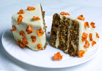 pieces of homemade carrot cake on white background