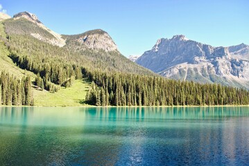 Emerald Lake panorama with Michael Peak and Wapta Mountain. Emerald Lake is located in Yoho National Park, British Columbia, Canada. It is the largest and most visited of Yoho's 61 lakes and ponds.