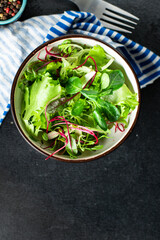 fresh green salad lettuce mix juicy microgreens snack ready to eat on the table healthy meal snack top view copy space for text food background rustic image keto or paleo diet