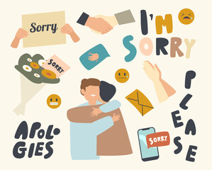 Set of icons Apologies Theme. Human Palms in Begging Gesture, Flower Bouquet, Hugging Friends and Handshake