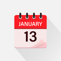 January 13, Calendar icon with shadow. Day, month. Flat vector illustration.
