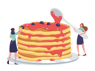 Tiny Female Characters Pouring Huge Stack of Fresh Hot Pancakes with Sweet Syrup and Decorate with Fresh Berries