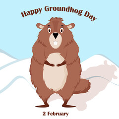 Obraz premium A cheerful and happy groundhog smiles among the snowy landscape. Happy Groundhog Day. Vector illustration.