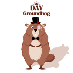 Happy Groundhog Day. A serious groundhog with a shadow in a top hat, bow tie, isolated on a white background. Vector illustration.