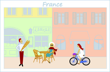 A simple image of a French street. Provence. Three people in the foreground. A man holding three baguettes. Lady sits at tables in a cafe. Young girl riding a bicycle. Vector illustration.