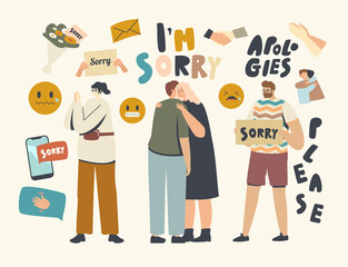 Male Female Characters Apologize. People Say Sorry, Hugging Each Other and Ask to Forgive for Mistake or Offensive Words