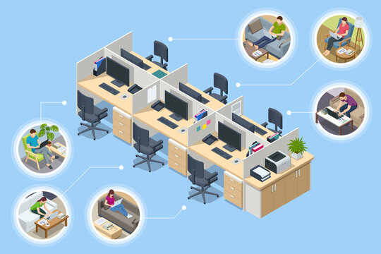 Isometric business man and woman working at home with laptop and papers on desk. Online meeting work form home. Home office.
