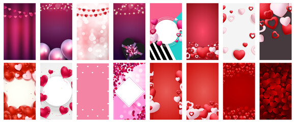 Big Collection Valentines Day Love Background for Stories Post Set. Vector Illustration EPS10