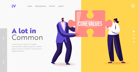 Team Work Landing Page Template. Tiny Businesspeople Characters Hold Huge Puzzle with Core Values Inscription