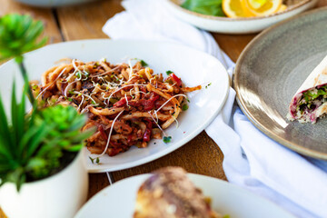 food in the restaurant pasta with sause