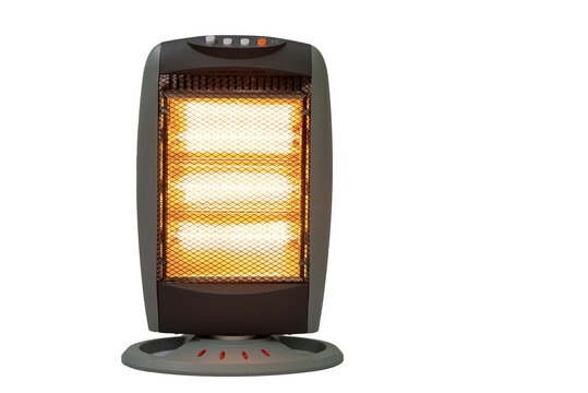 Estufa el&eacute;ctrica hal&oacute;gena iluminada y radiante sobre fondo blanco.