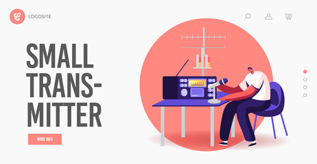 Character Work on Radio Landing Page Template. Male Radio Dj Amateur Character Speak to Microphone Broadcasting Program