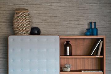 Interior design furniture whit vases and wallpaper