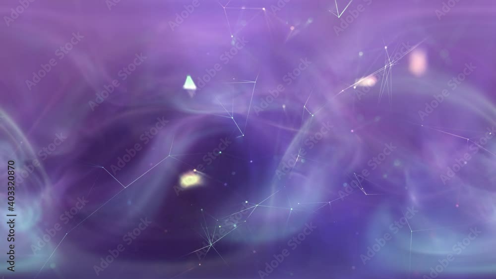 Poster loop features animated technology based shapes, connected white lines and blurry dots on a blurry li