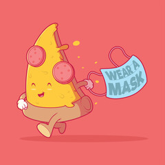 Pizza slice running with a mask vector illustration. Prevention, food, virus, protect design concept.