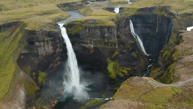 Haifoss and Granni waterfalls in Iceland, Aerial view. Natural wonder Landmannalaugar canyon.