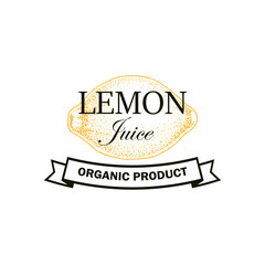 Lemon juice logo with hand drawn element isolated on white background. Vector illustration in vintage style