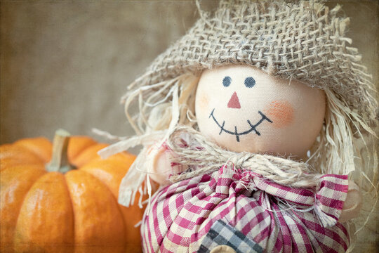 Original autumn photograph is a close of the smile of a stuffed scarecrow with a mini pumpkin on tan