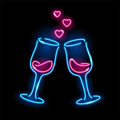 Neon icon of two wine glasses with hearts isolated on black background. Blue and pink colours. St. Valentine Day, dating, cafe, love date, alcohole concept. Vector 10 EPS illustration.